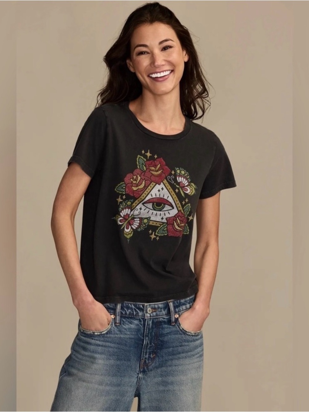 NWT Lucky Brand Tattoo Pyramid Eye Rhinestone Graphic T-Shirt Washed Black Small